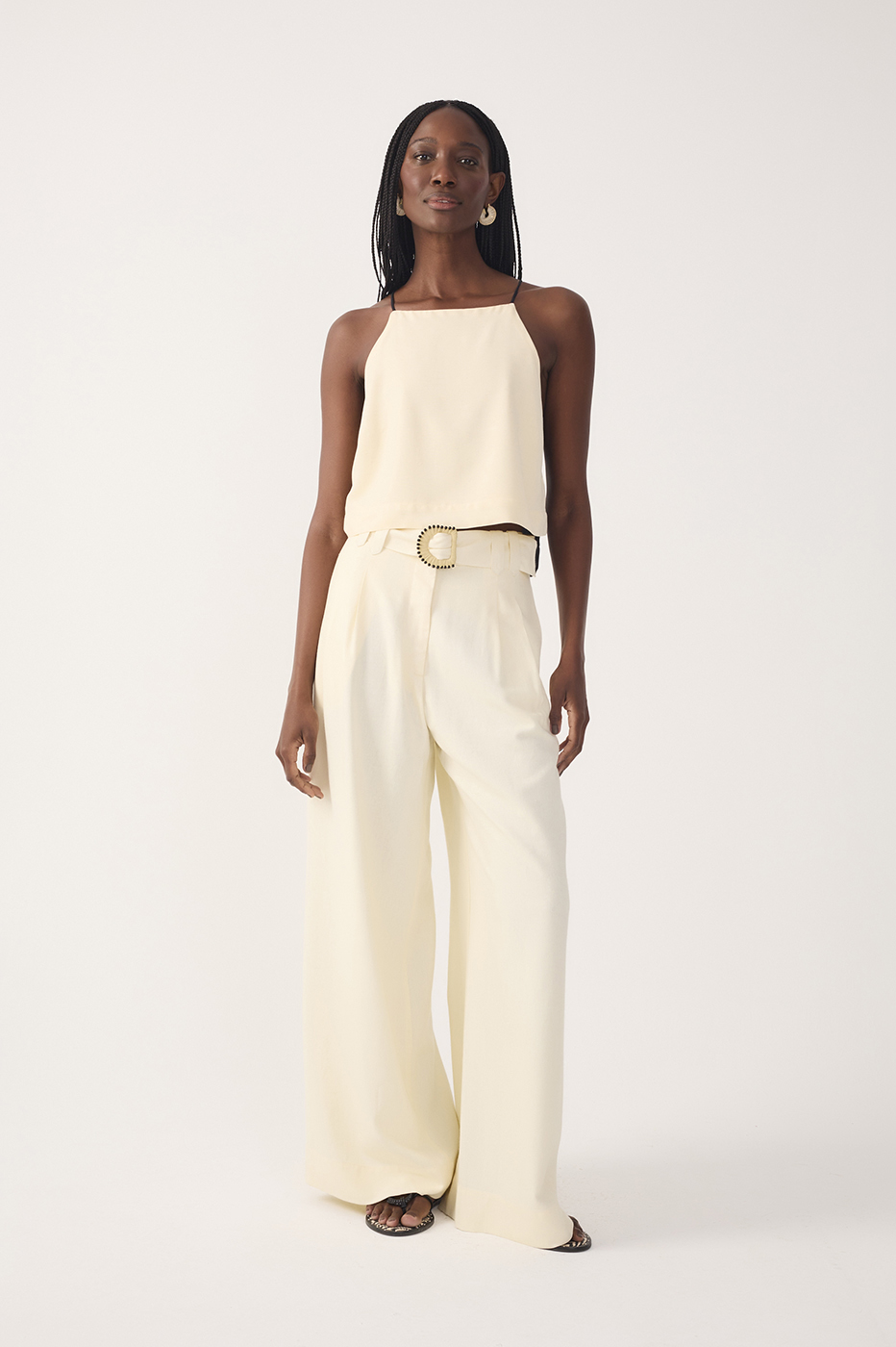 Beige Beaded Buckle Wide-Leg Linen Pants