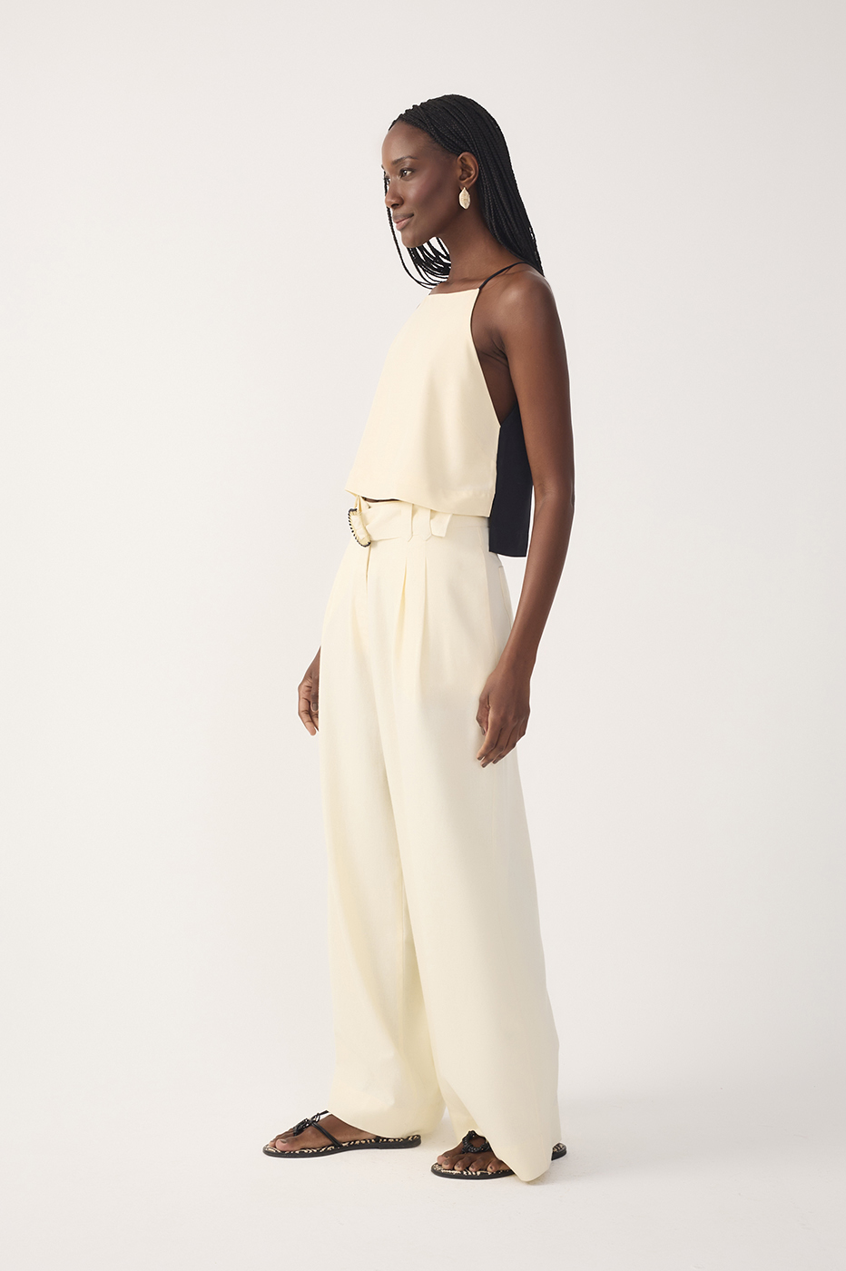 Beige Beaded Buckle Wide-Leg Linen Pants