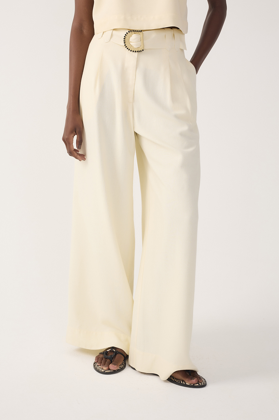 Beige Beaded Buckle Wide-Leg Linen Pants