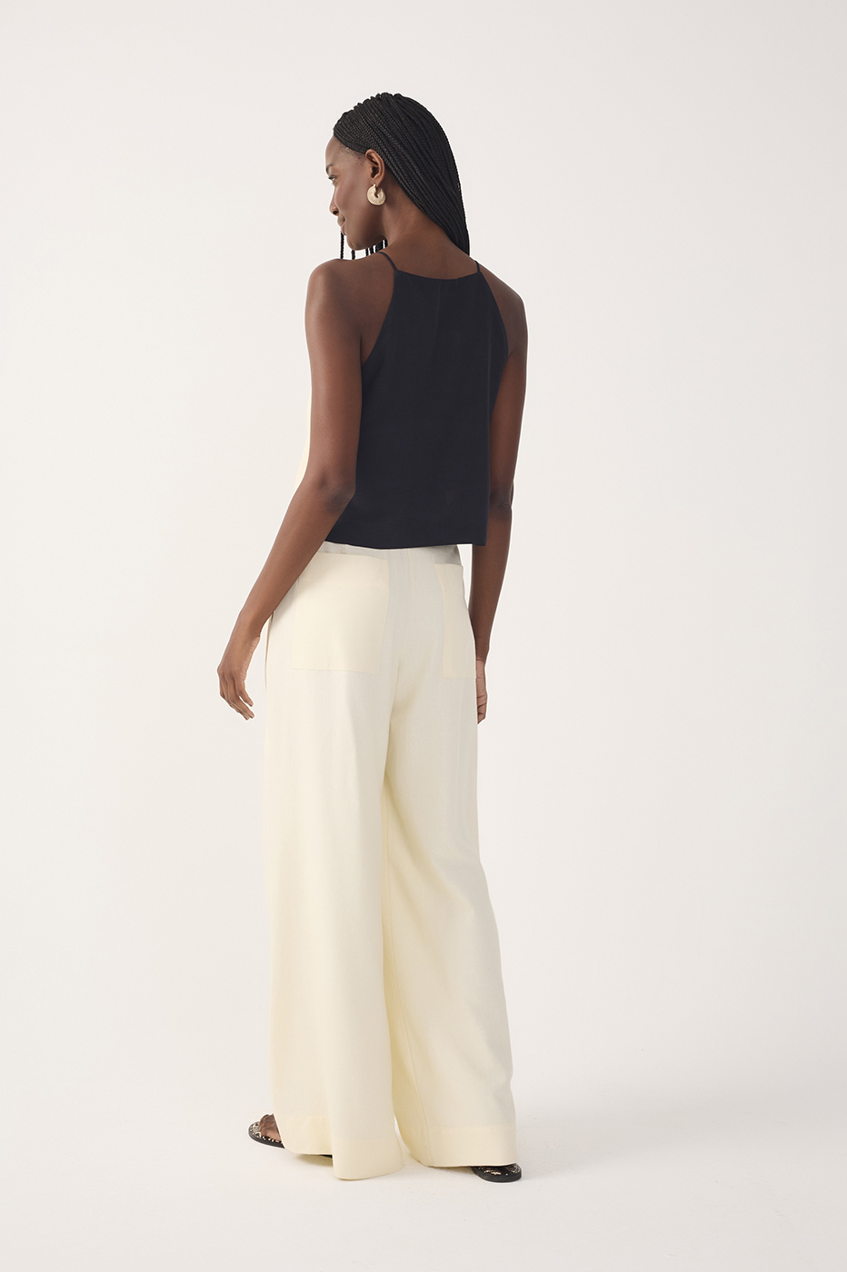 Beige Beaded Buckle Wide-Leg Linen Pants