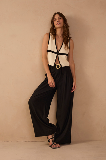 Black Beaded Buckle Wide-Leg Linen Pants