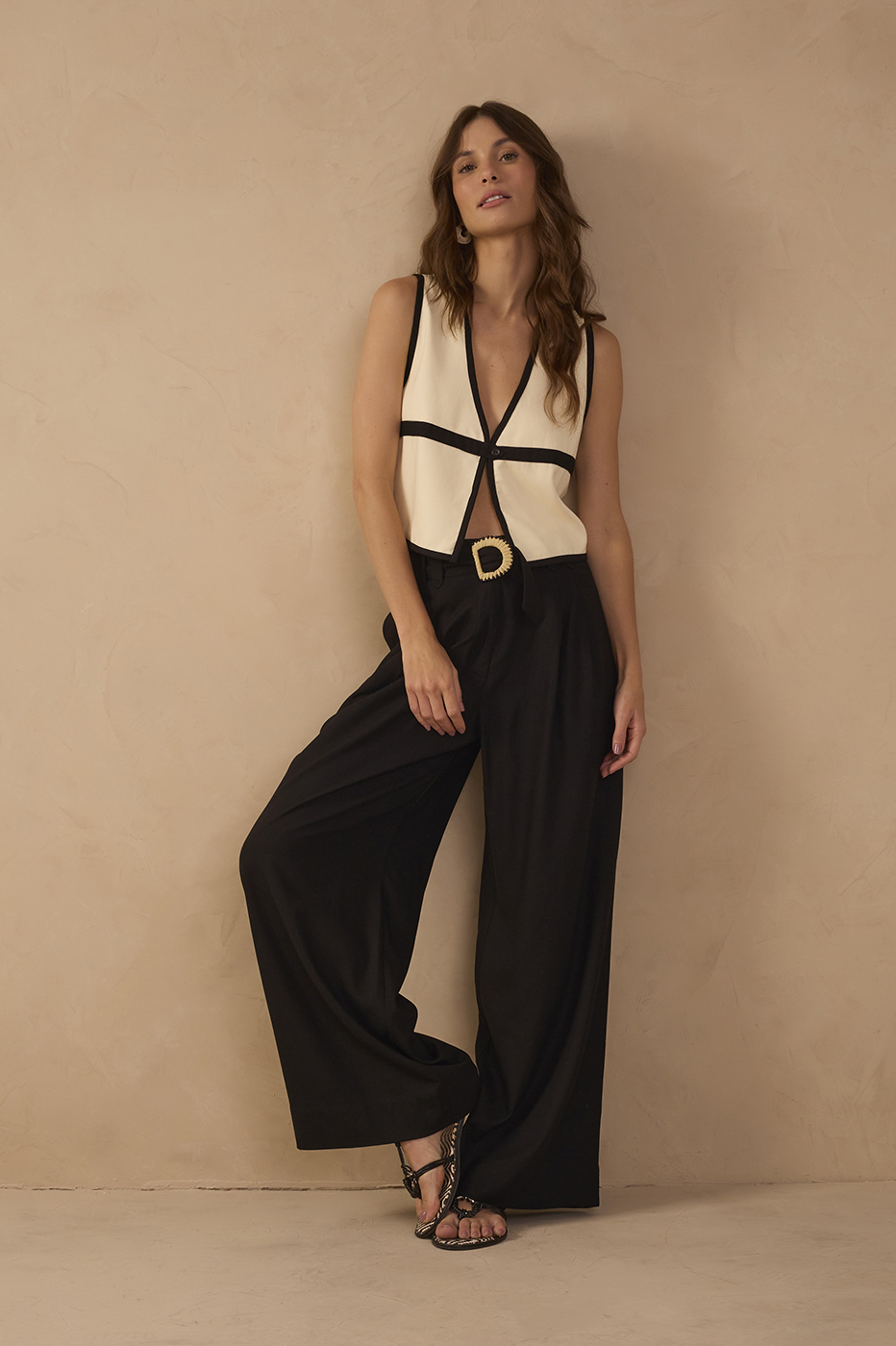 Black Beaded Buckle Wide-Leg Linen Pants