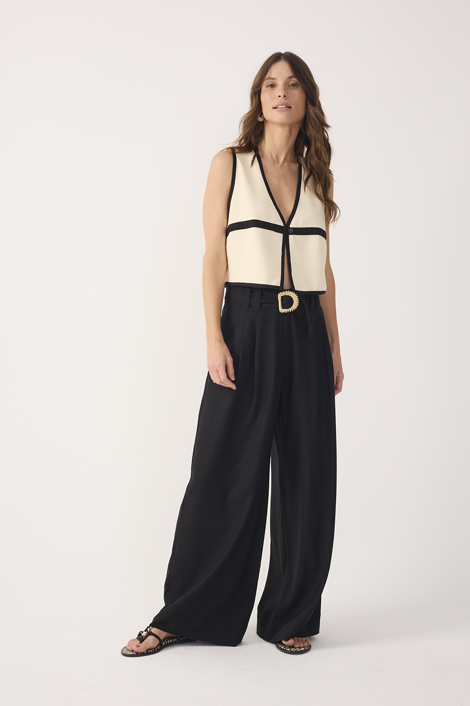 Black Beaded Buckle Wide-Leg Linen Pants