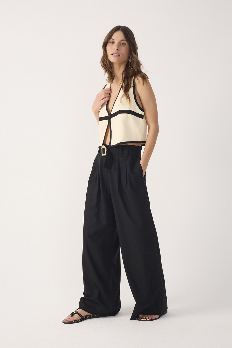 Black Beaded Buckle Wide-Leg Linen Pants