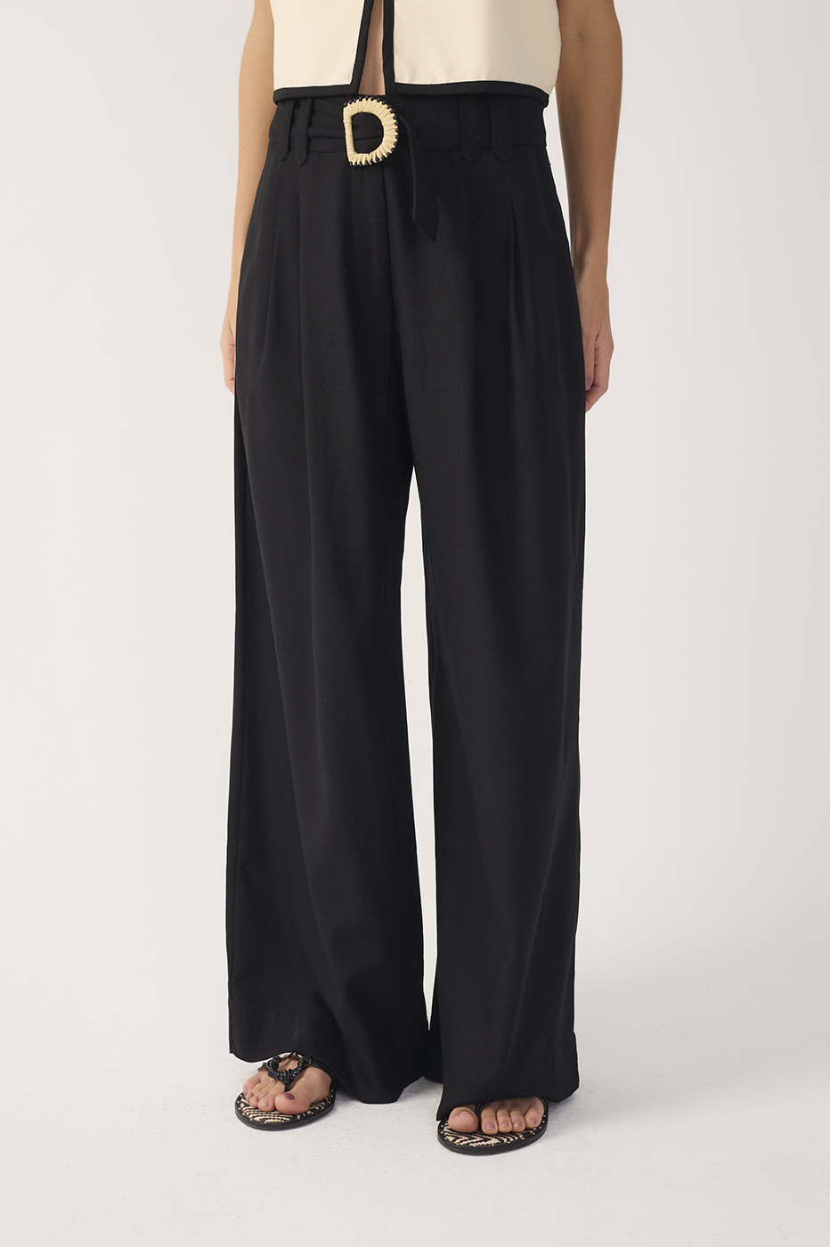 Black Beaded Buckle Wide-Leg Linen Pants