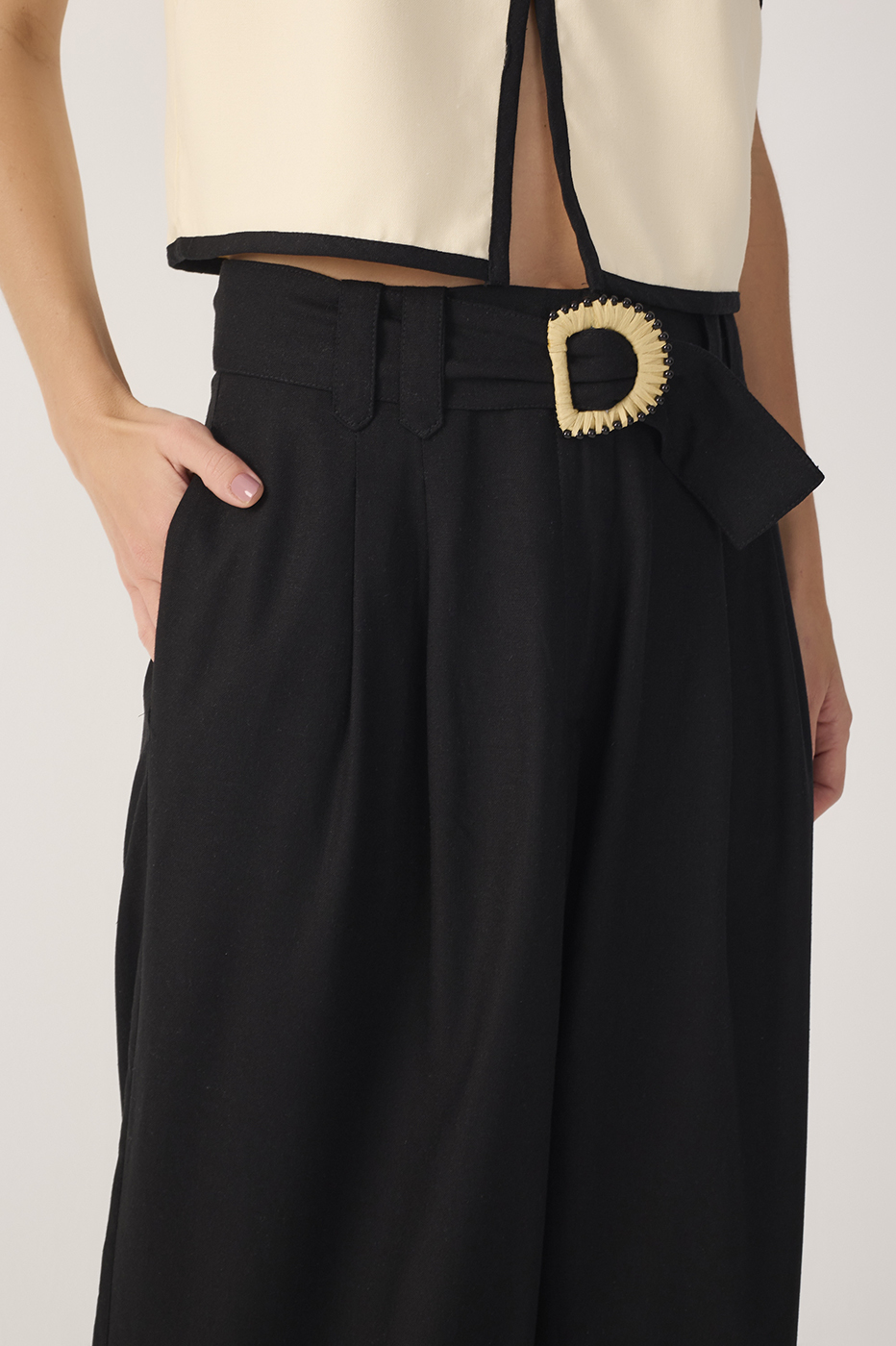 Black Beaded Buckle Wide-Leg Linen Pants