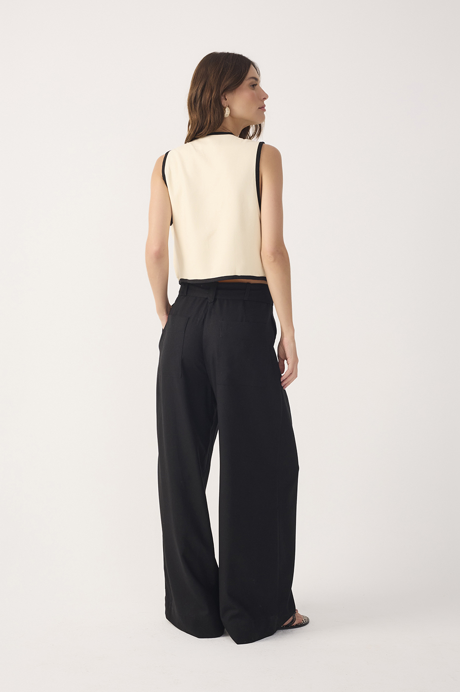 Black Beaded Buckle Wide-Leg Linen Pants