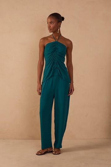 Green Ruched Wide Leg Crepe Pants