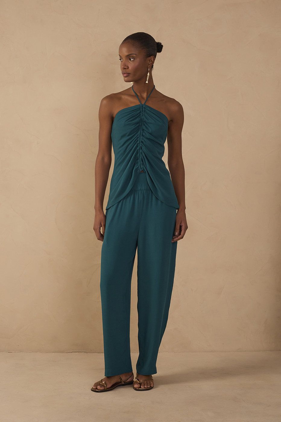 Green Ruched Wide Leg Crepe Pants