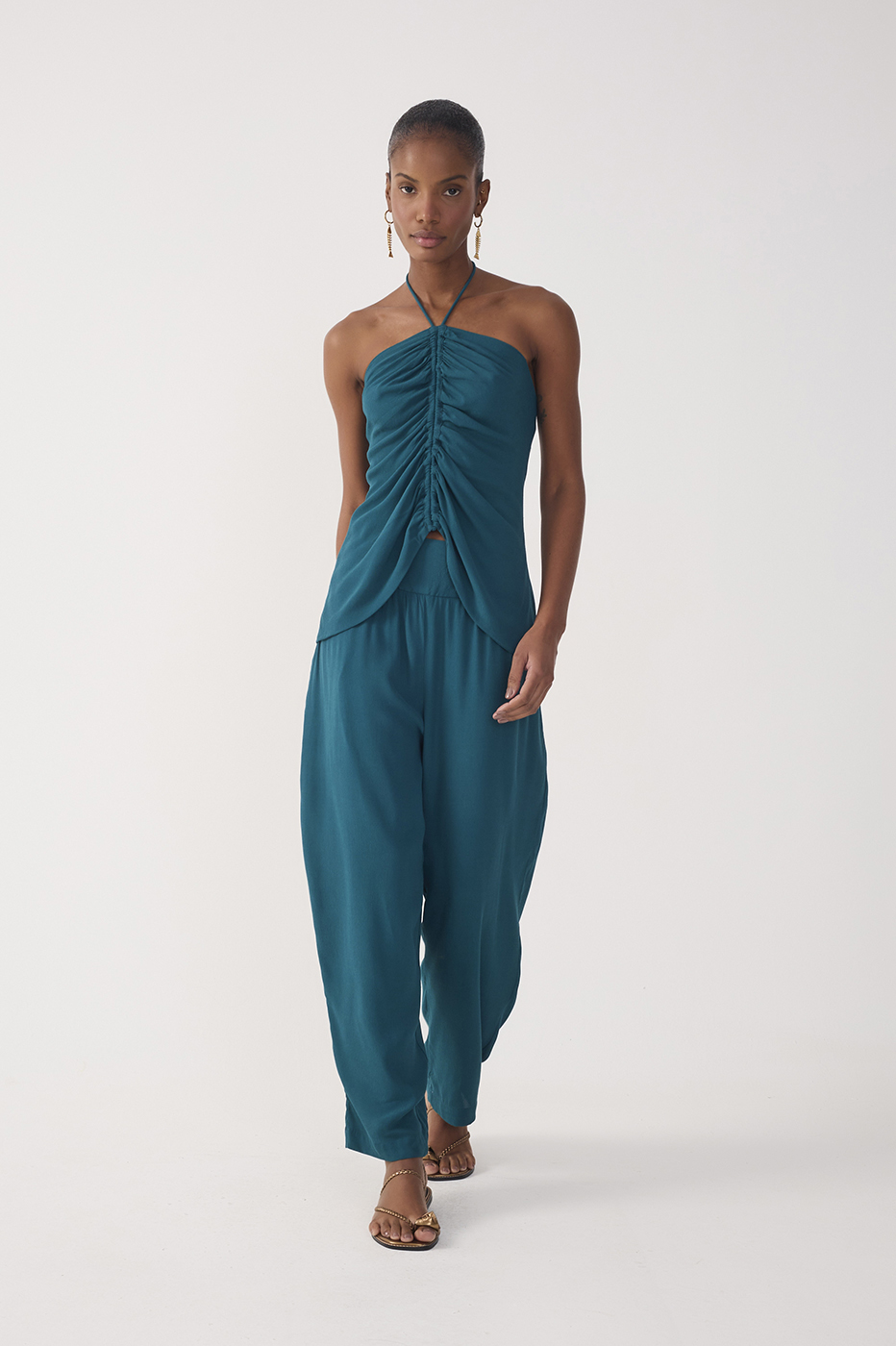 Green Ruched Wide Leg Crepe Pants
