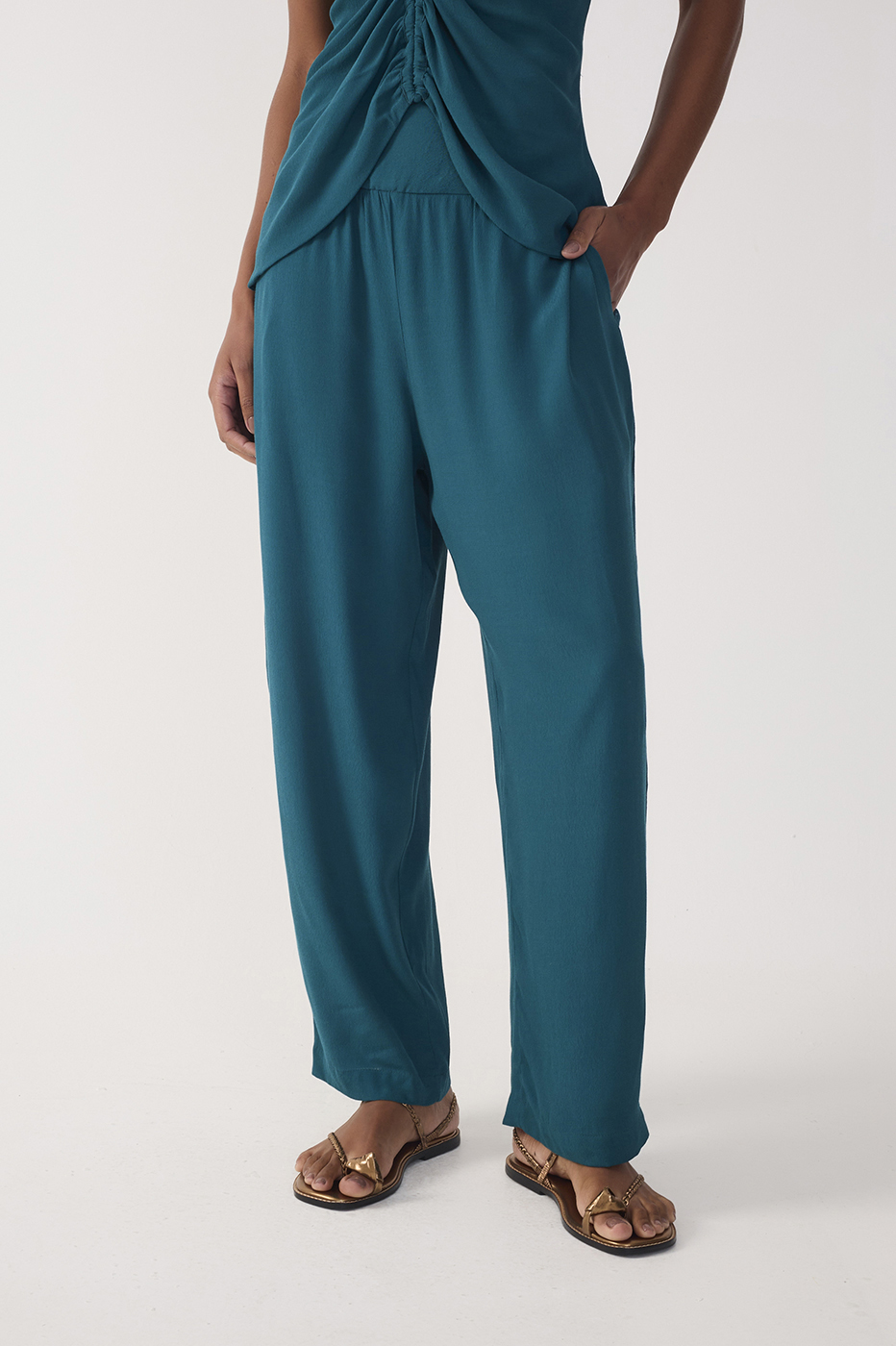 Green Ruched Wide Leg Crepe Pants