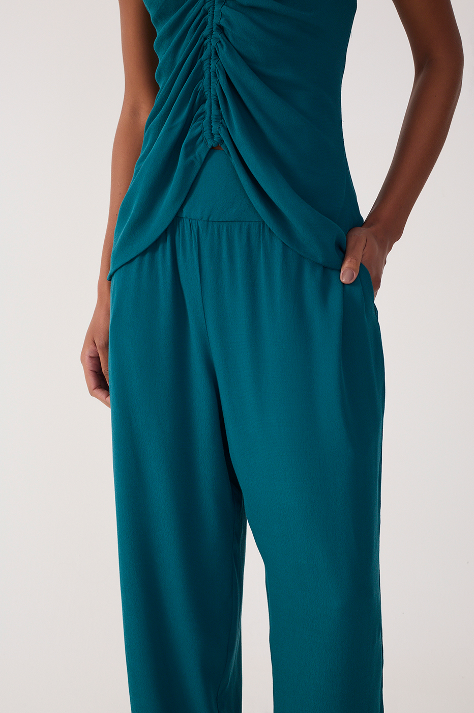 Green Ruched Wide Leg Crepe Pants