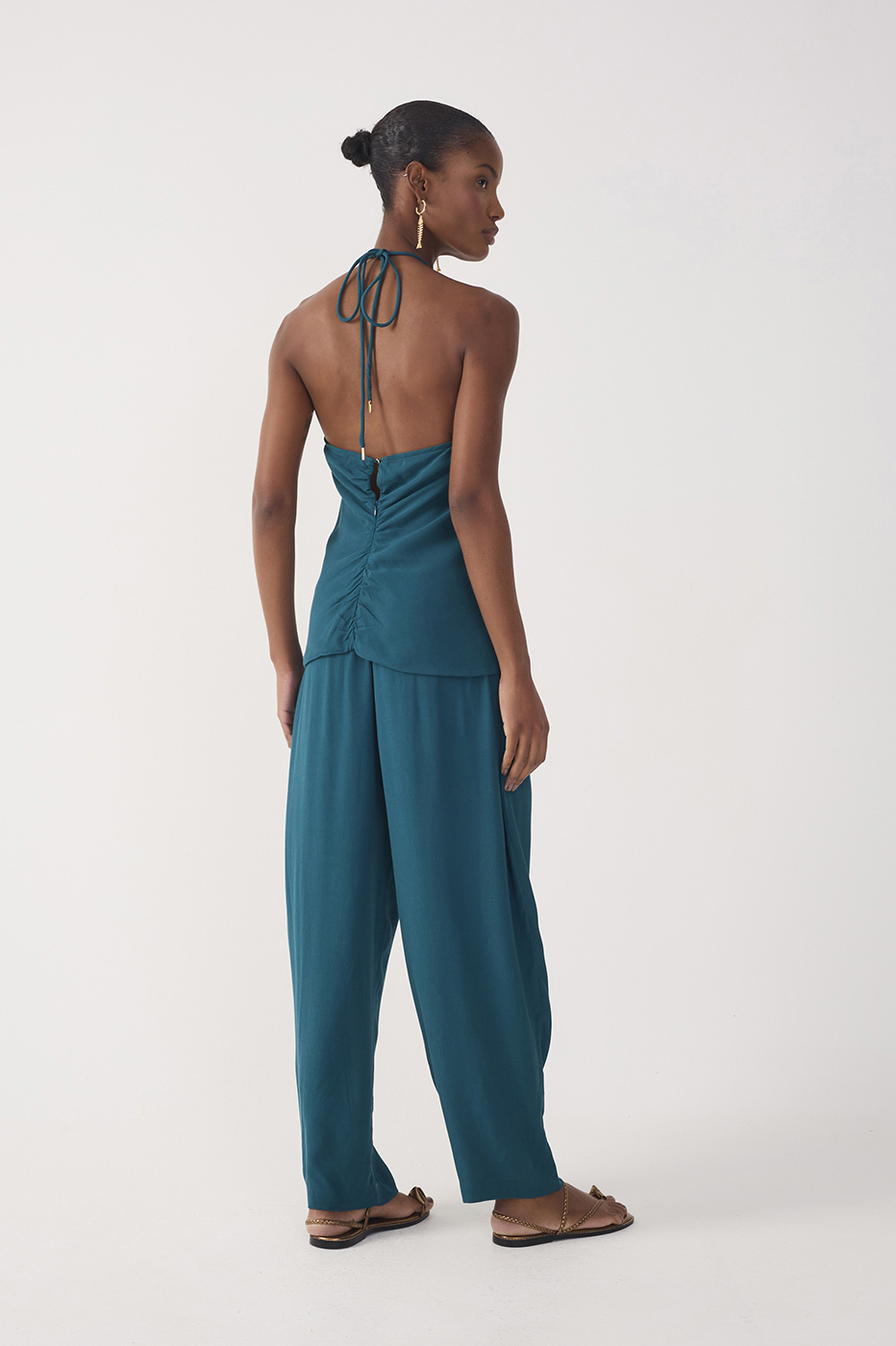 Green Ruched Wide Leg Crepe Pants