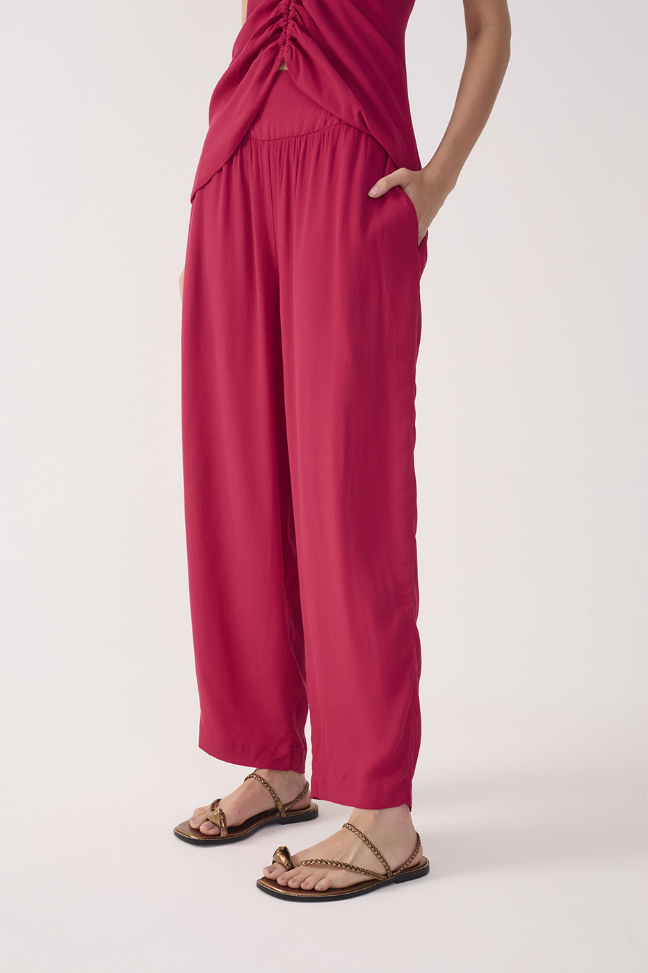 Pink Ruched Wide Leg Crepe Pants