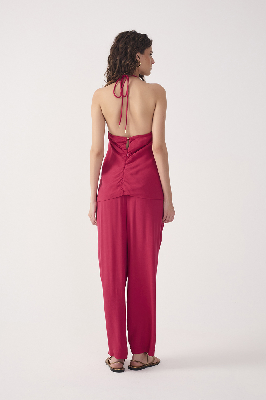 Pink Ruched Wide Leg Crepe Pants