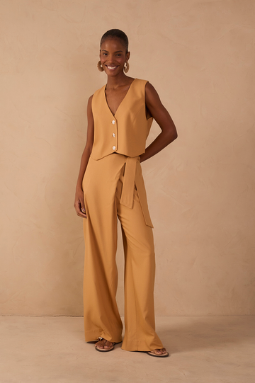Beige Wrap Wide-Leg Linen Pants