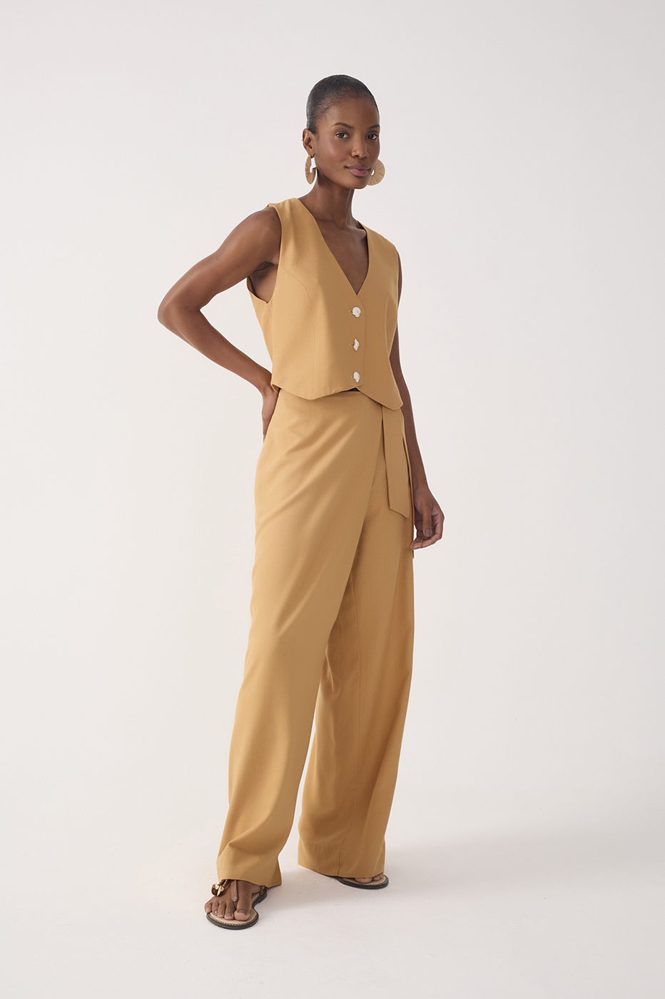 Beige Wrap Wide-Leg Linen Pants