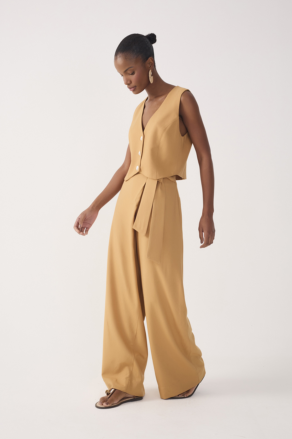 Beige Wrap Wide-Leg Linen Pants
