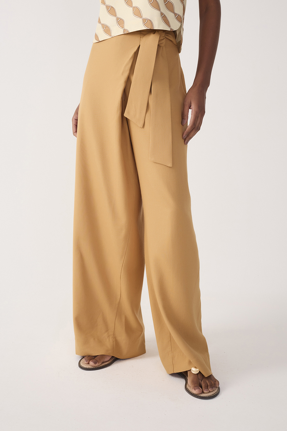 Beige Wrap Wide-Leg Linen Pants