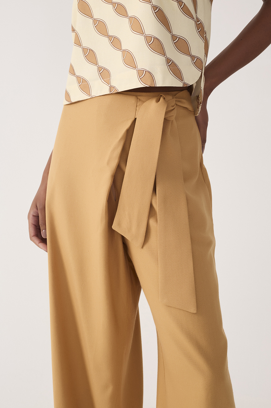 Beige Wrap Wide-Leg Linen Pants