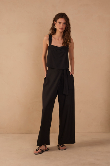 Black Wrap Wide-Leg Linen Pants