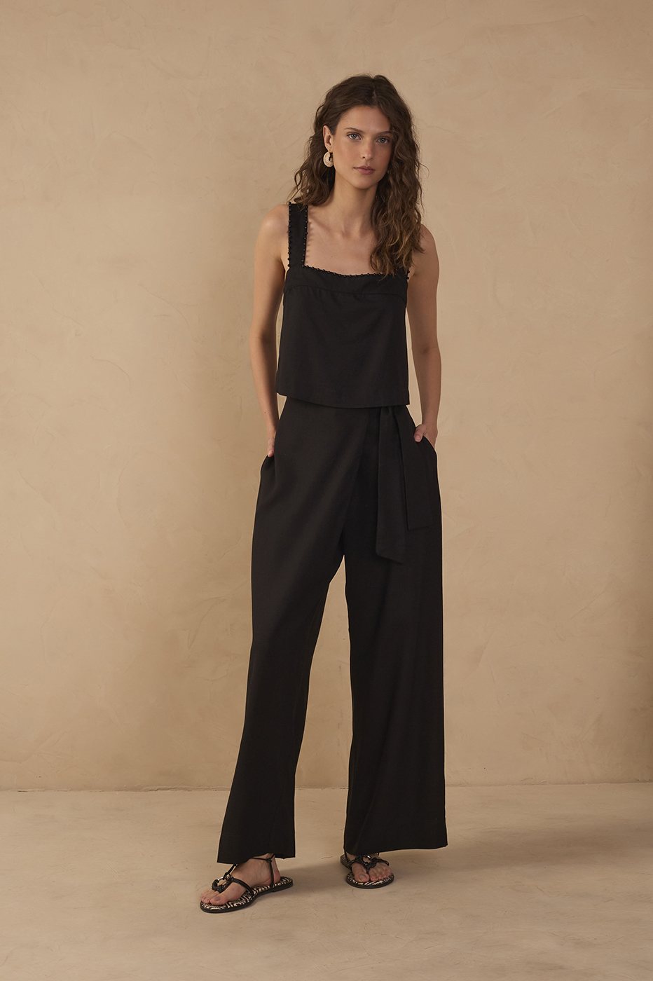 Black Wrap Wide-Leg Linen Pants