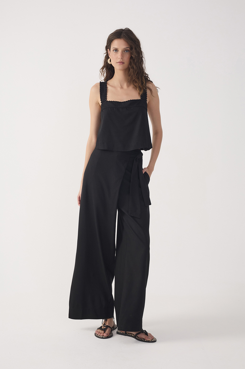 Black Wrap Wide-Leg Linen Pants