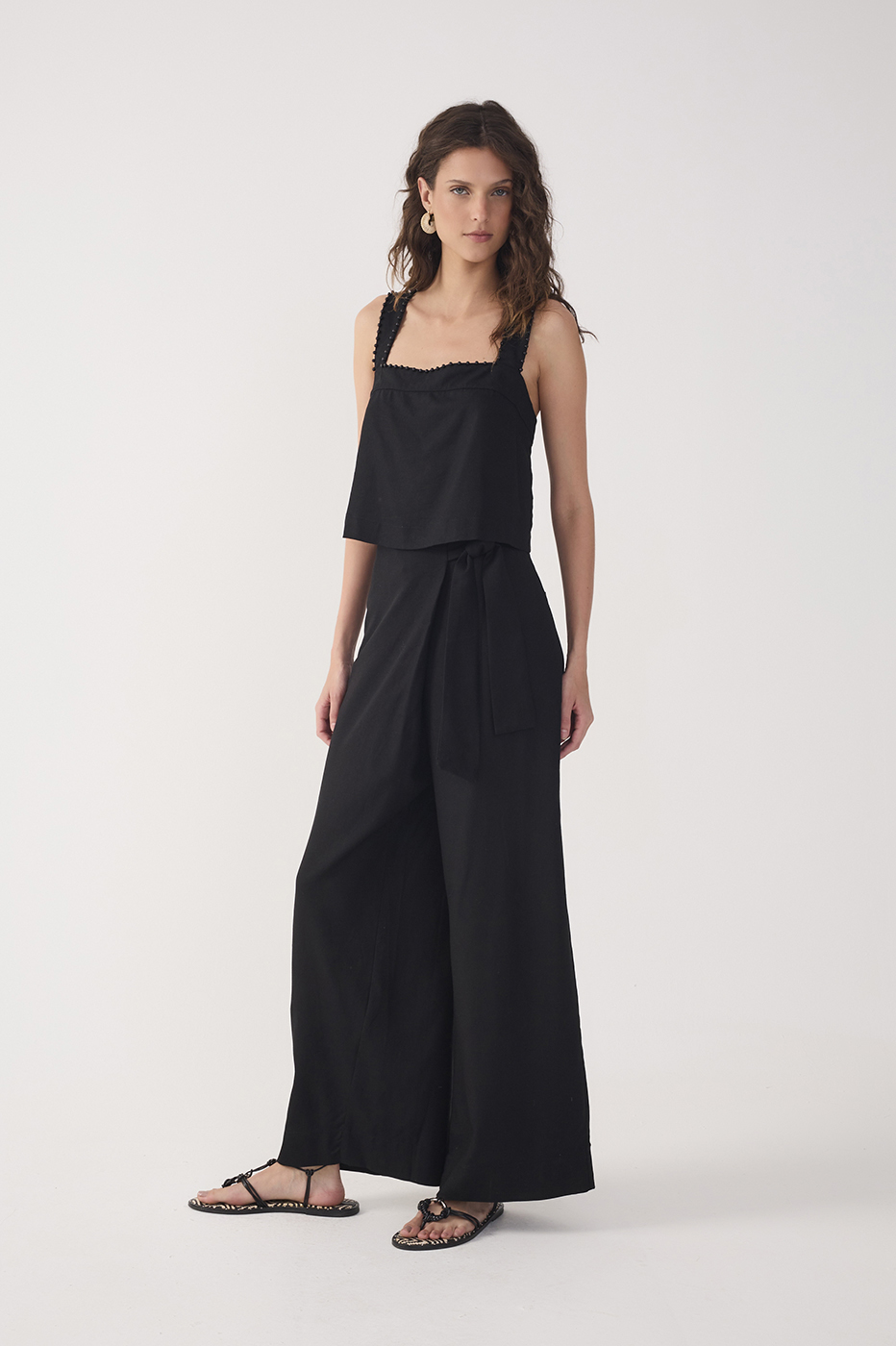 Black Wrap Wide-Leg Linen Pants