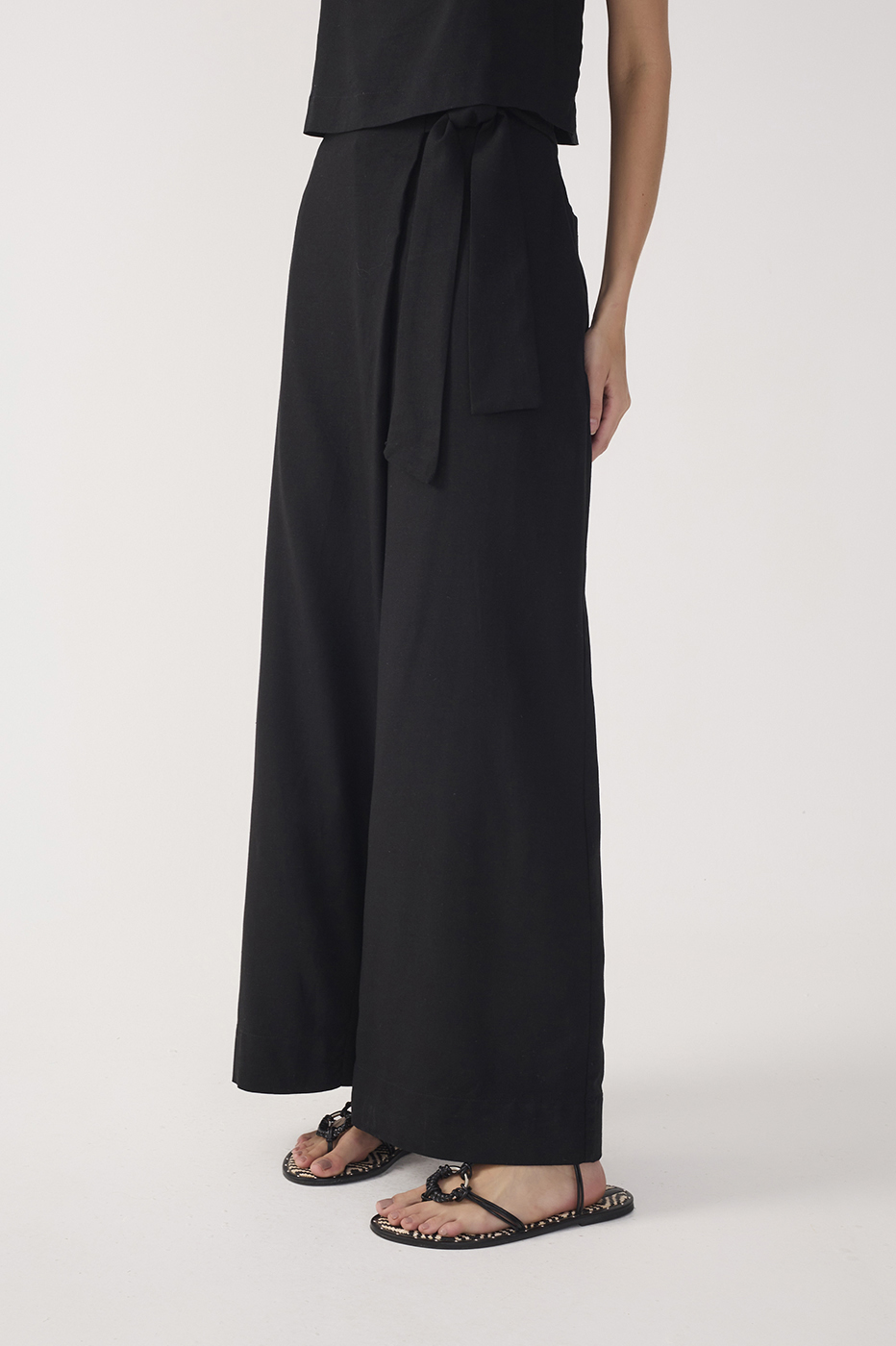 Black Wrap Wide-Leg Linen Pants