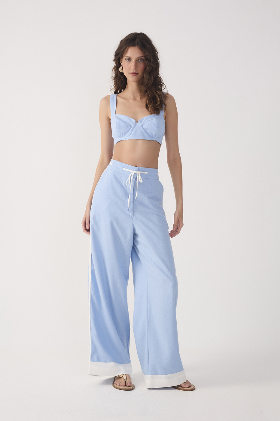 Blue Drawstring Pockets Wide-Leg Linen Pants