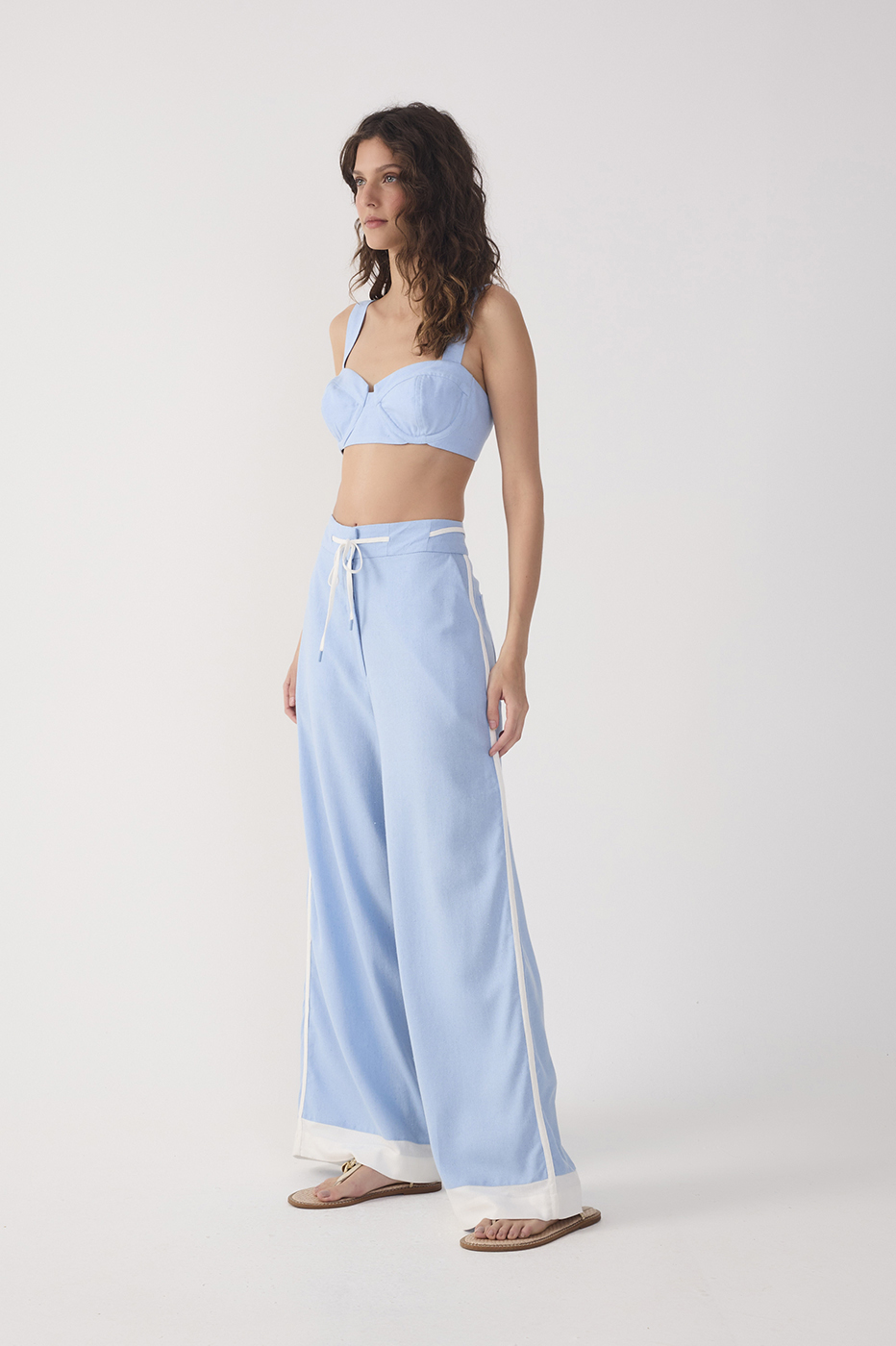 Blue Drawstring Pockets Wide-Leg Linen Pants