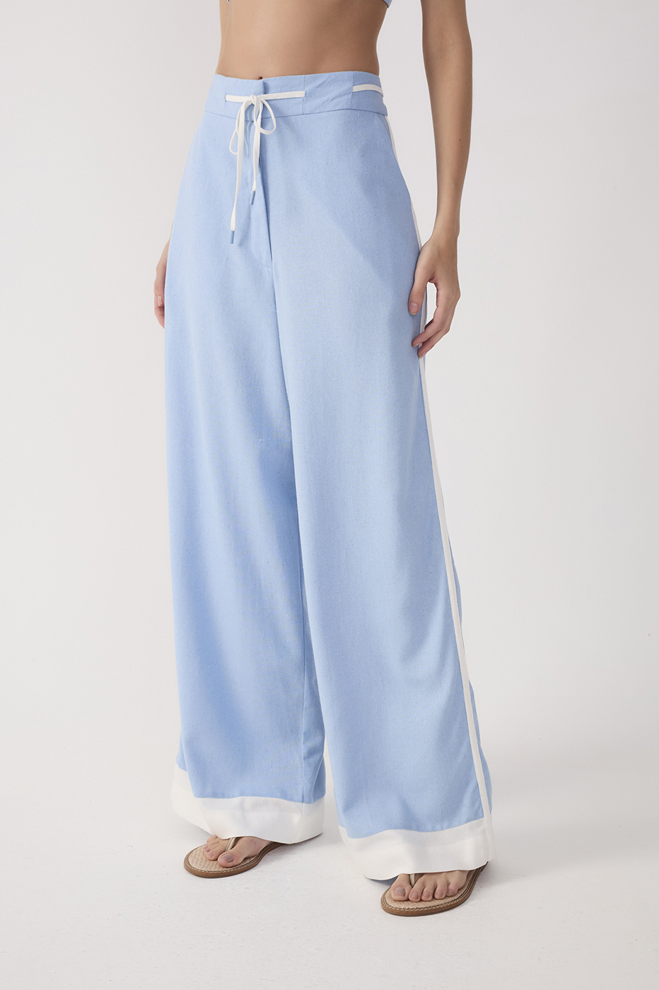 Blue Drawstring Pockets Wide-Leg Linen Pants
