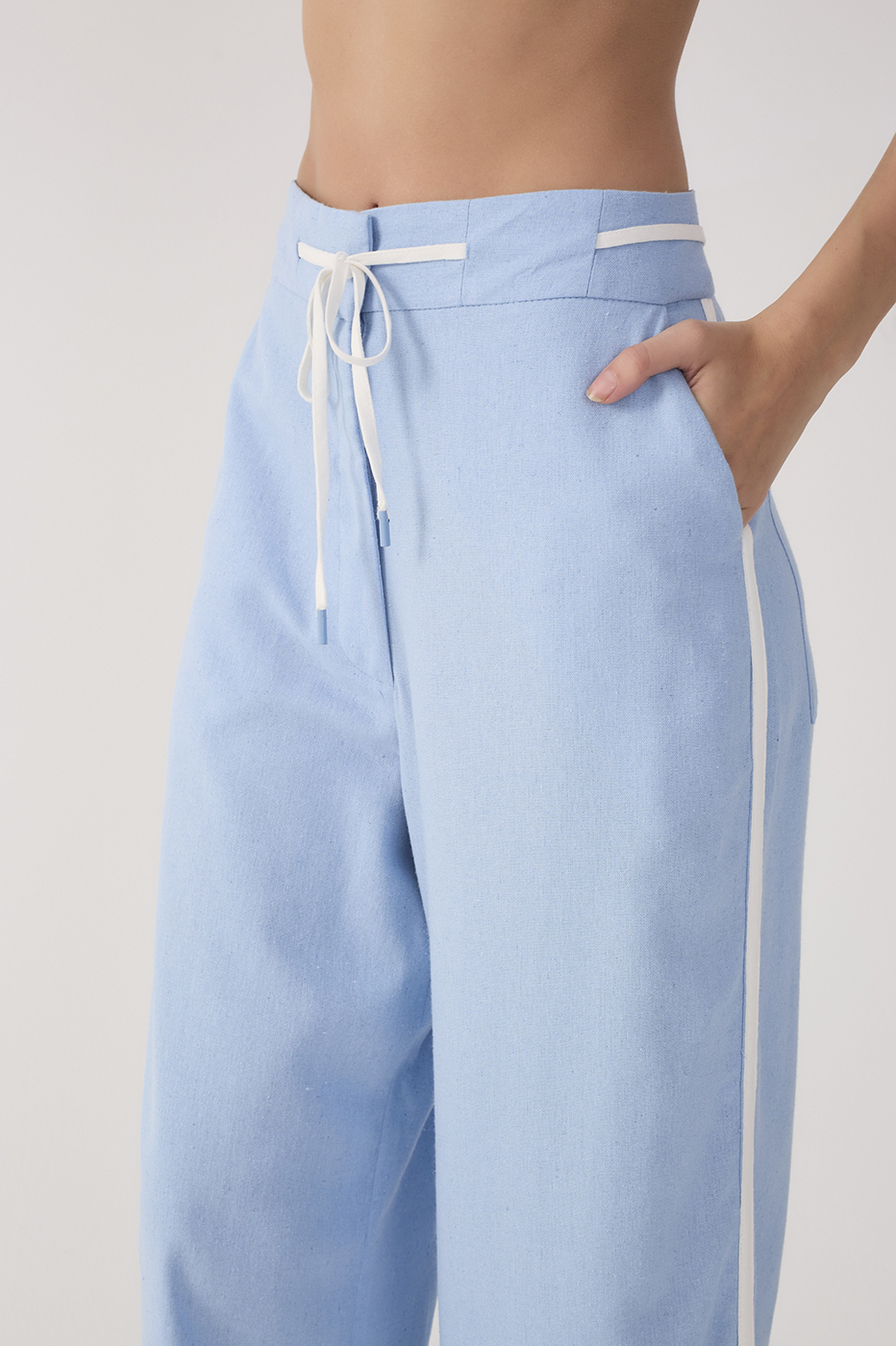 Blue Drawstring Pockets Wide-Leg Linen Pants