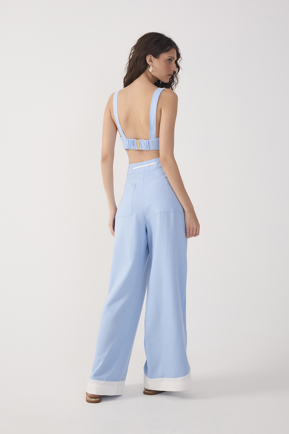 Blue Drawstring Pockets Wide-Leg Linen Pants
