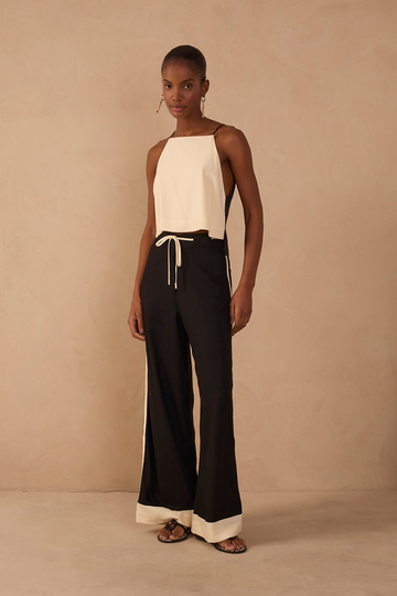 Black Drawstring Pockets Wide-Leg Linen Pants