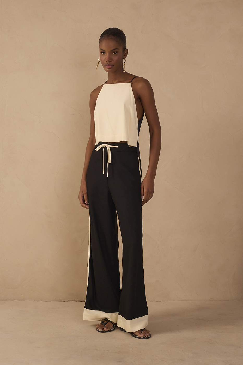 Black Drawstring Pockets Wide-Leg Linen Pants