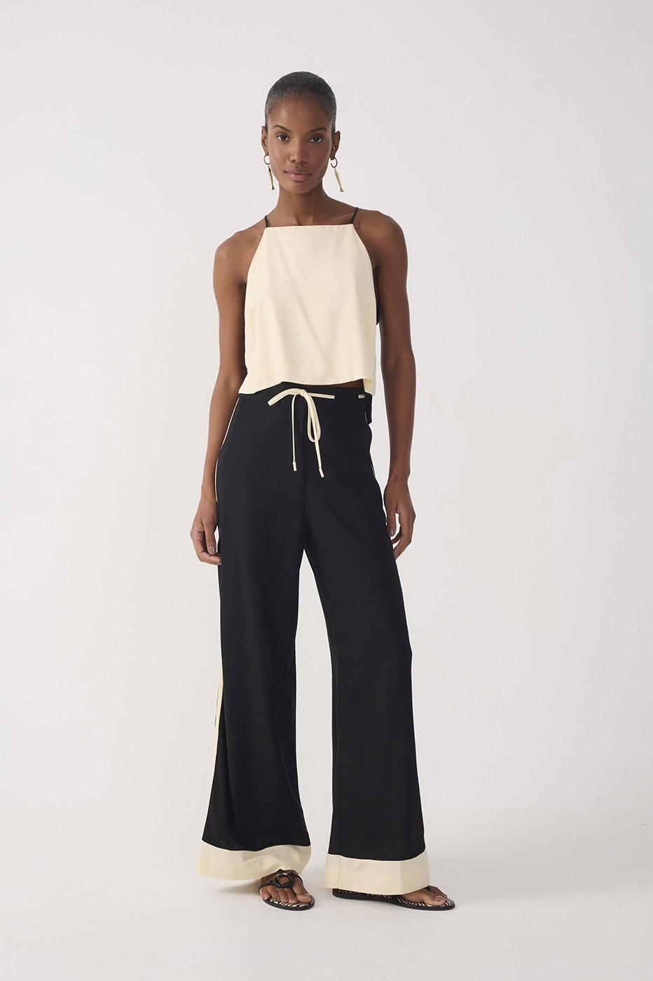 Black Drawstring Pockets Wide-Leg Linen Pants