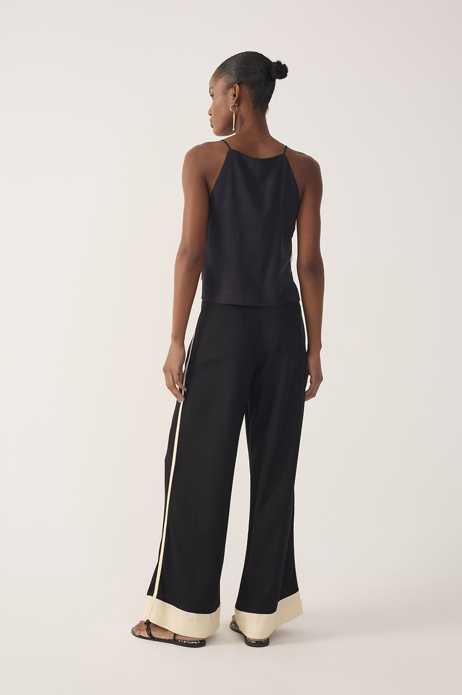 Black Drawstring Pockets Wide-Leg Linen Pants