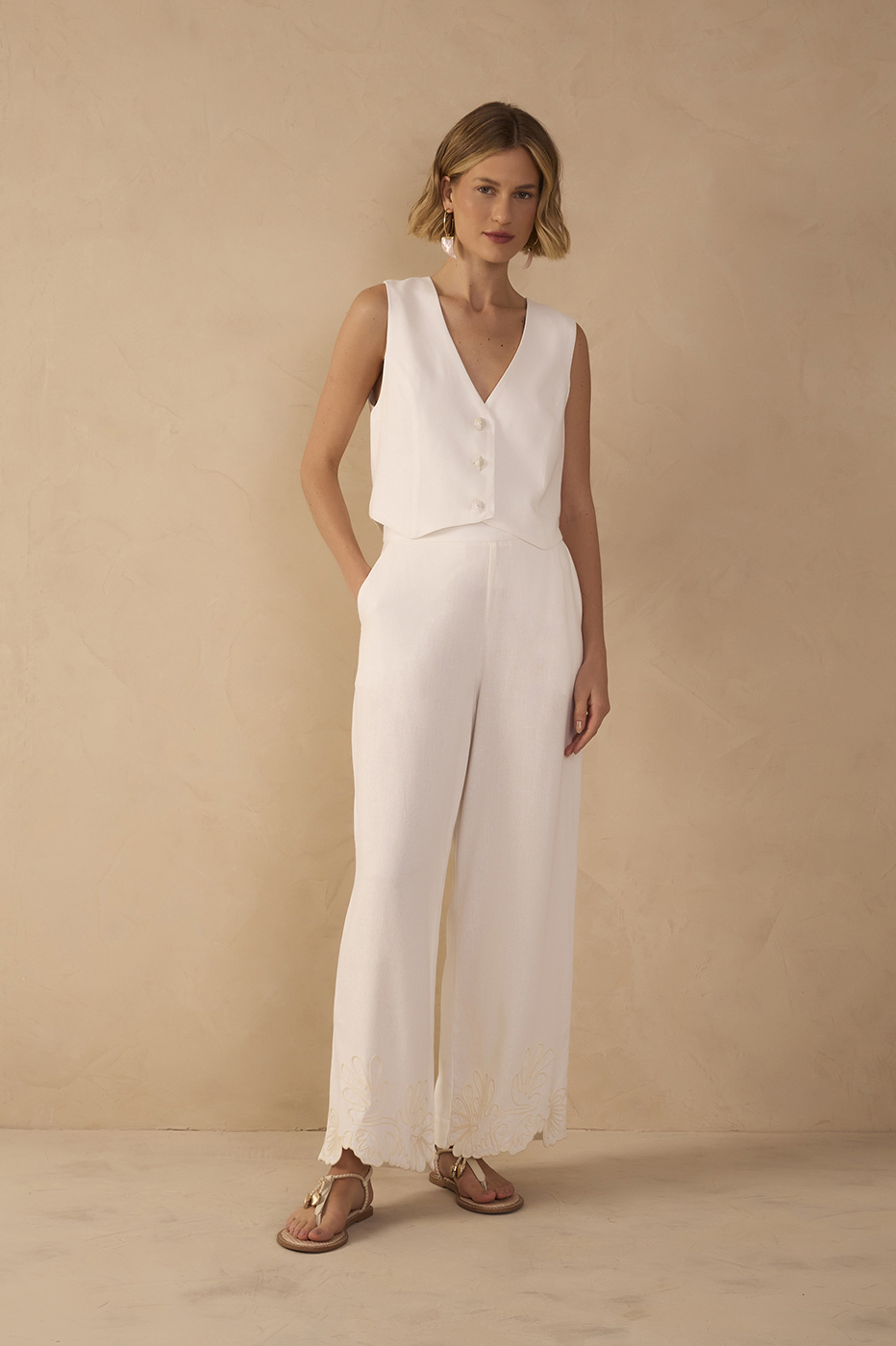 Off-White Embroidered Hem Linen Pants