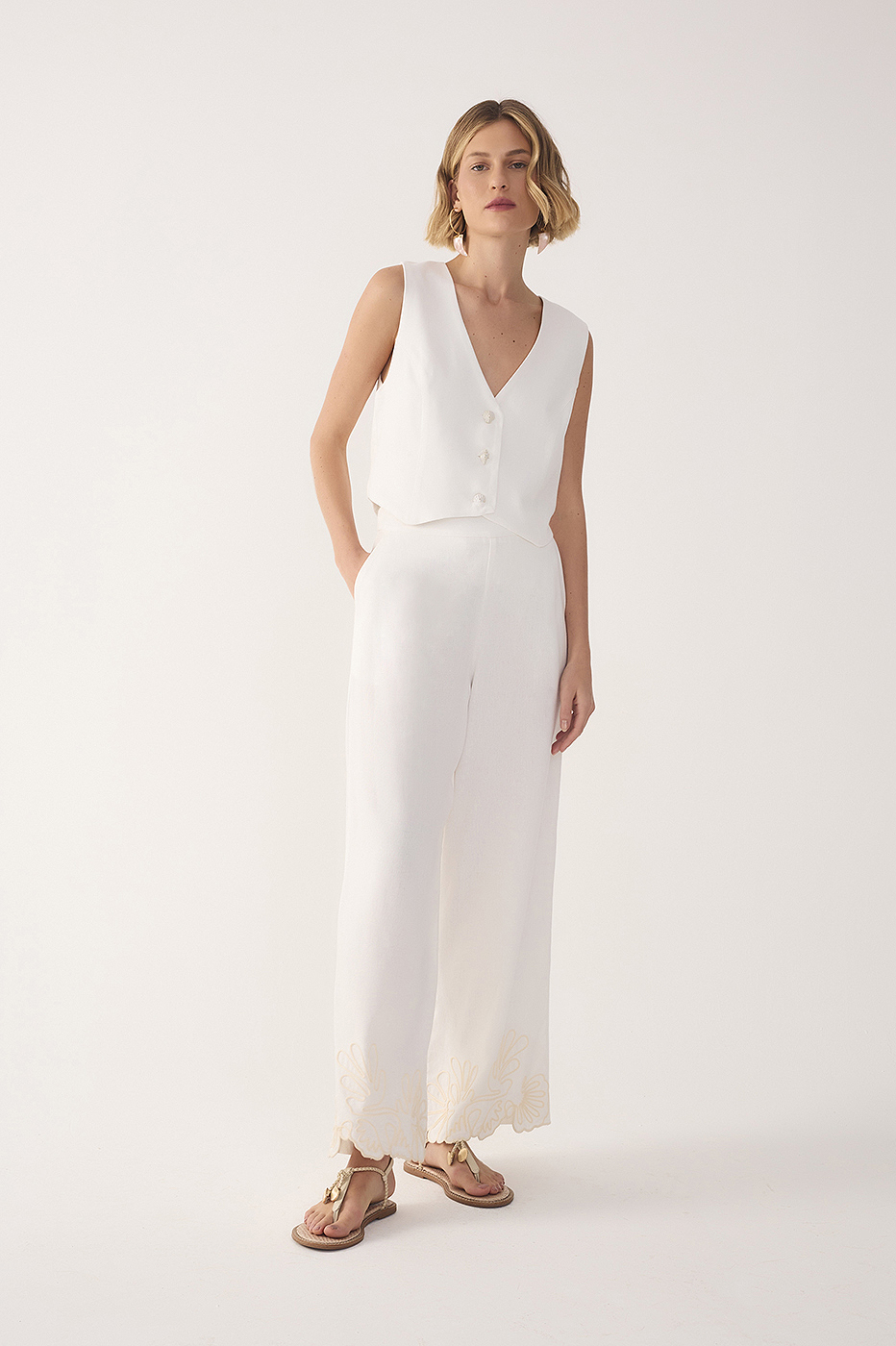 Off-White Embroidered Hem Linen Pants