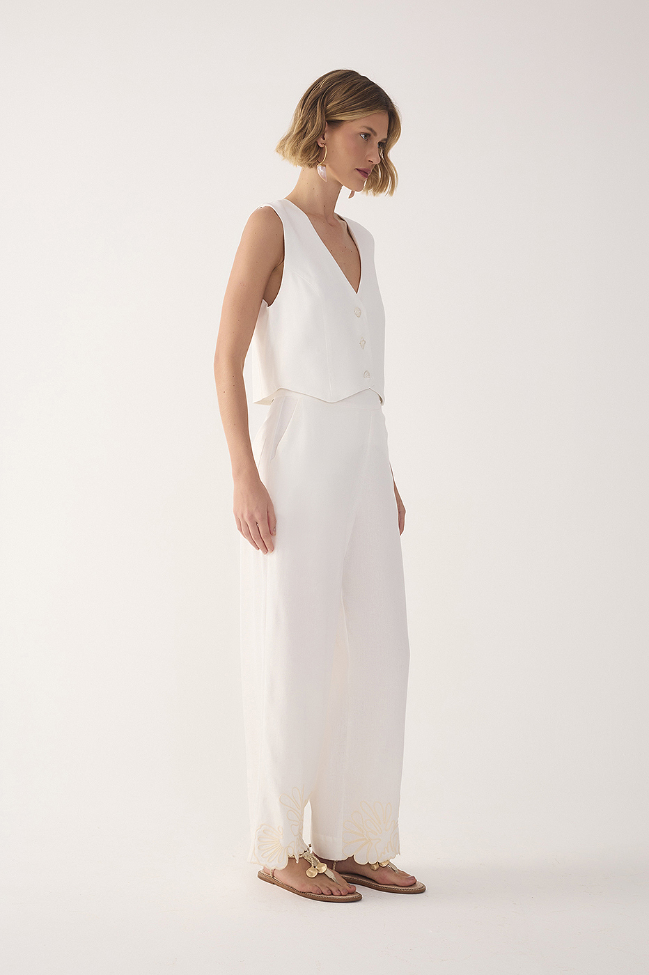 Off-White Embroidered Hem Linen Pants