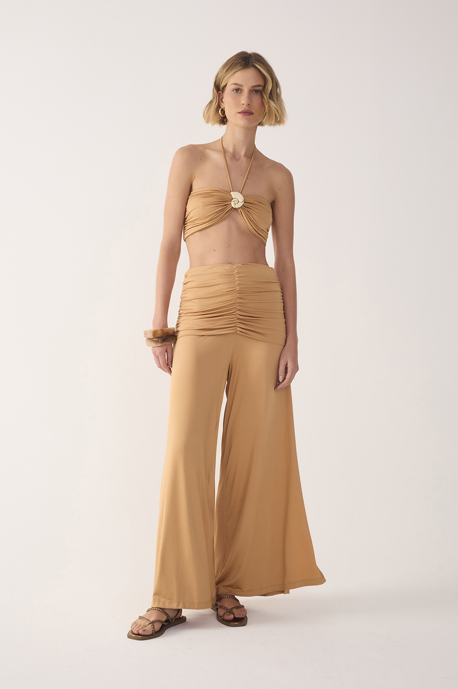 Beige Ruched Jersey Pants