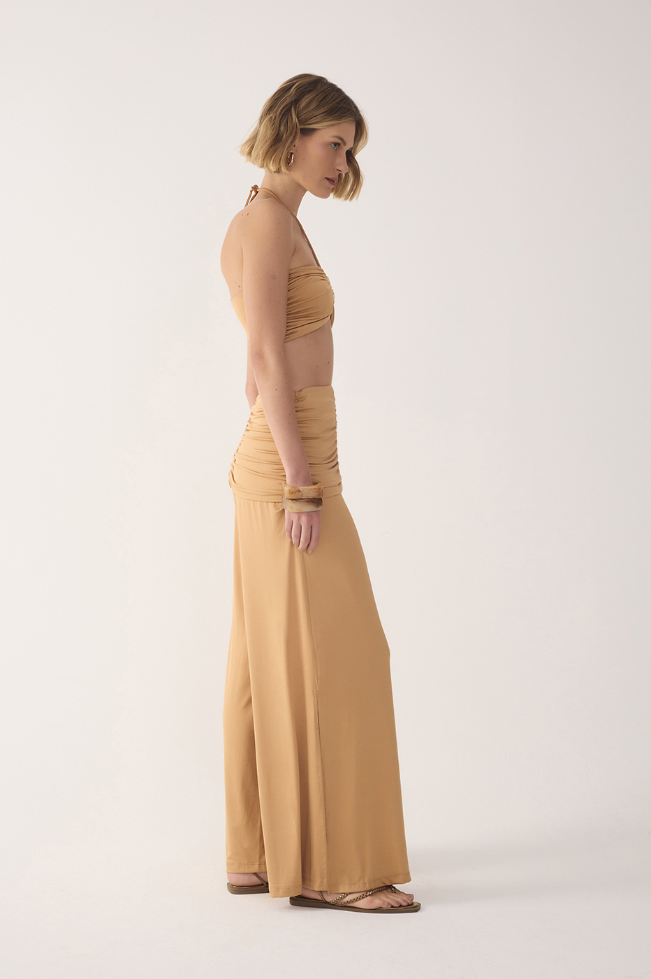 Beige Ruched Jersey Pants
