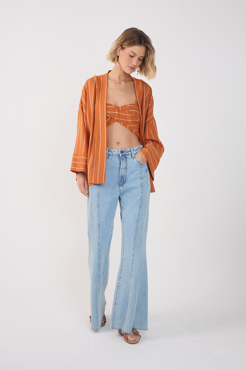 Light Denim Seam Details Flared Pants