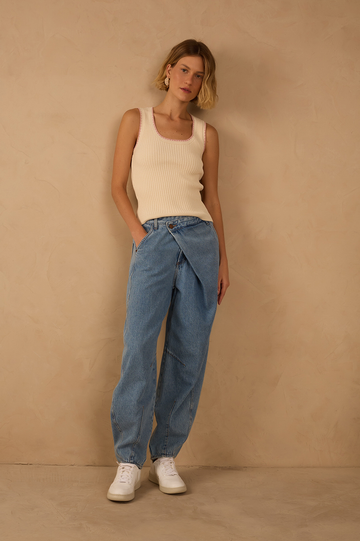 Barrel Leg Denim Overlapping Pants