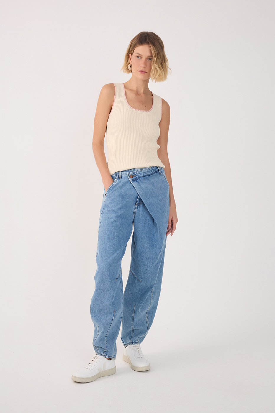 Barrel Leg Denim Overlapping Pants