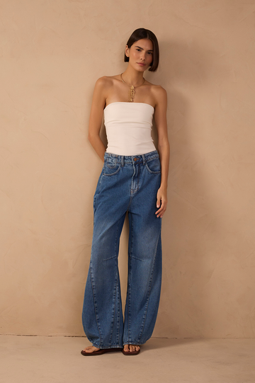 Denim Topstitching Flared Pants