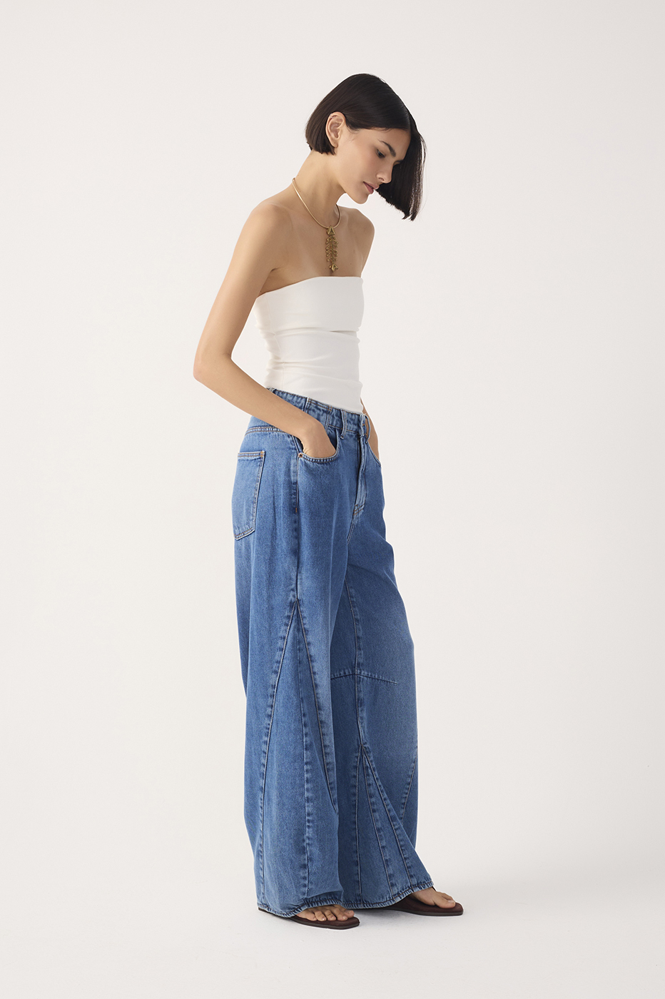 Denim Topstitching Flared Pants