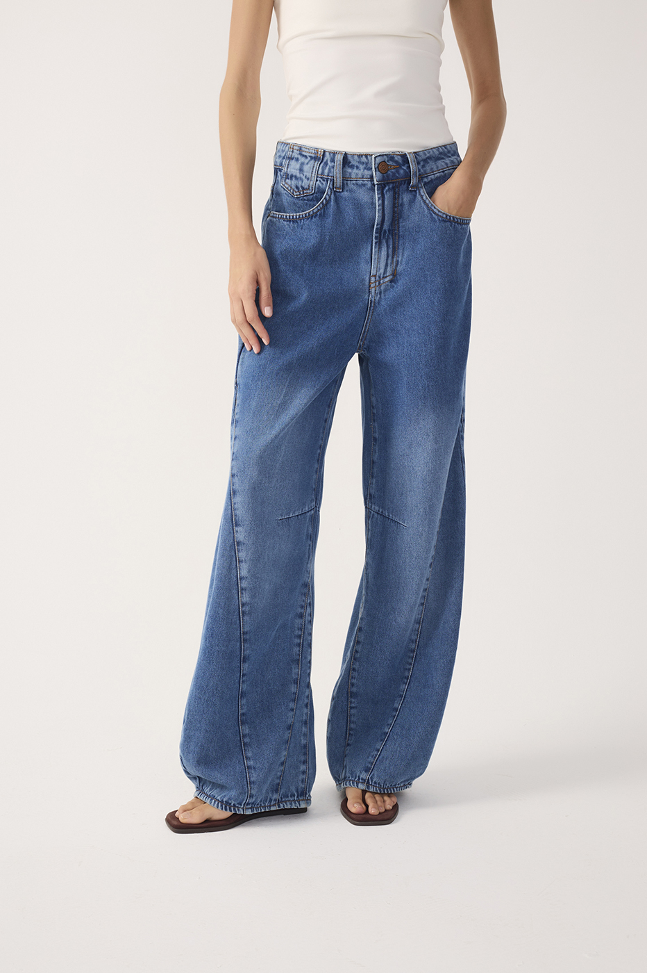 Denim Topstitching Flared Pants