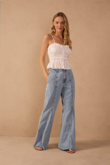 Denim Seam Details Pockets Wide-Leg Pants